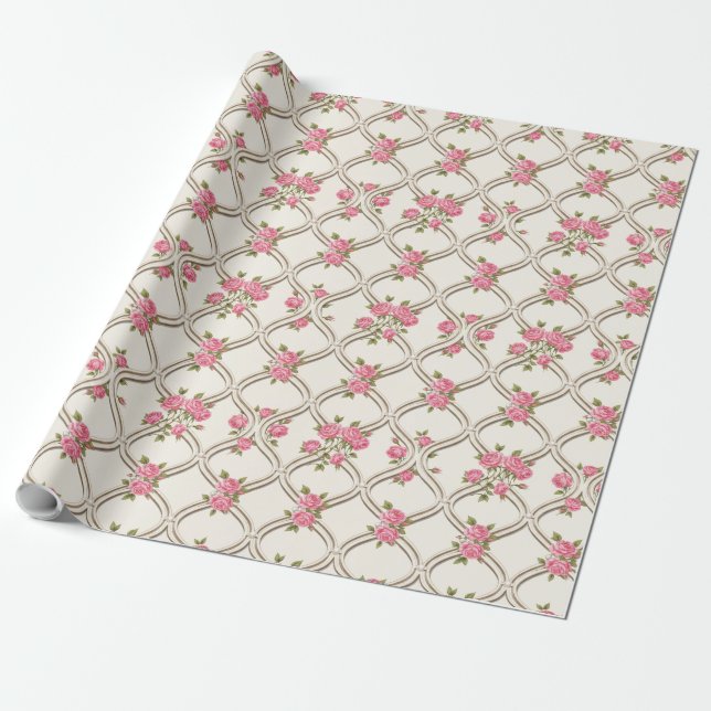 Elegant rokoko-nyrenaissance rosa blommig och beig presentpapper (Utrullad)