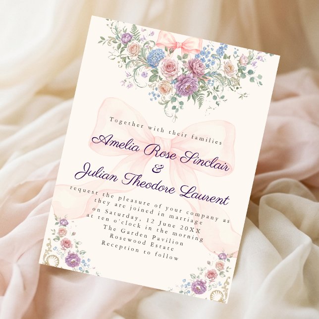 Elegant rokokoträdgård med rosa bandbåge bröllop inbjudningar (Skapare uppladdad)