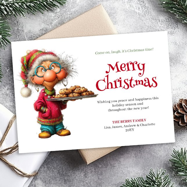 Elegant Rolig Kvinna Tecknad Jul Redigerbar Kort (Elegant Funny Woman Comic Christmas Editable Greeting Card

)