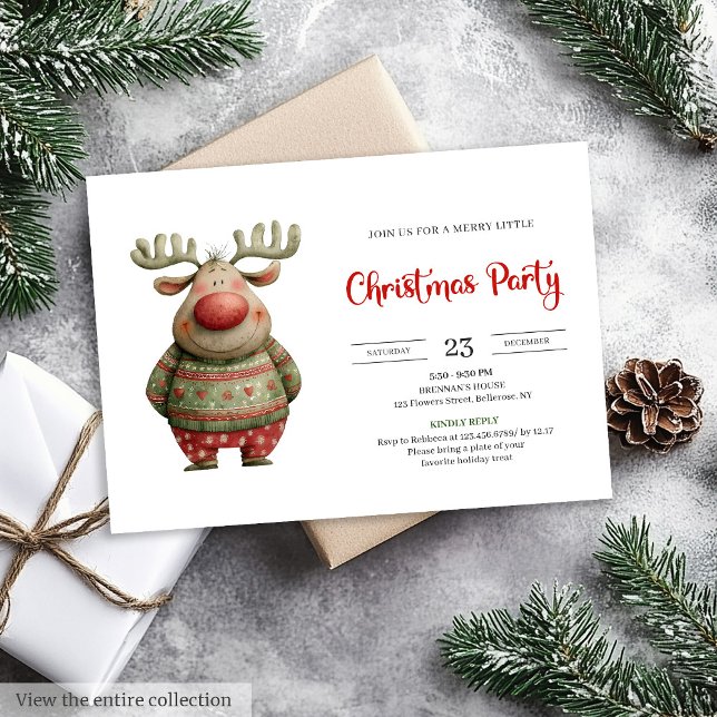Elegant rolig ren röd grön högtidskort inbjudningar (Elegant Funny Reindeer red green holiday card)