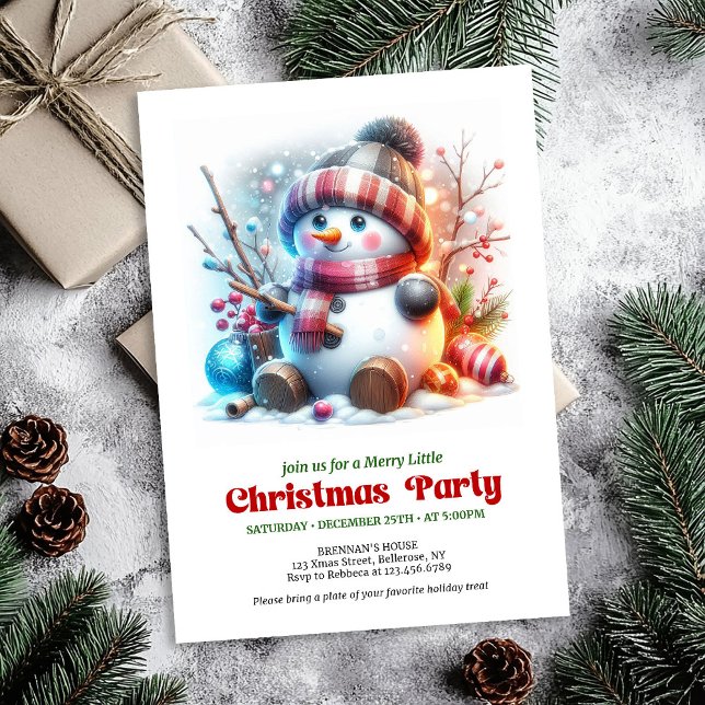 Elegant rolig snöman semester inbjudan röd grön  (Elegant funny snowman holiday invite red green gold digital

)