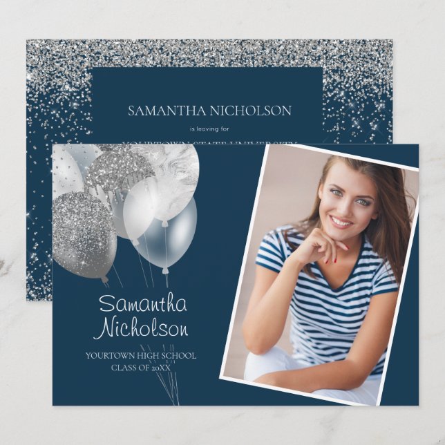 Elegant Roligt Navy Blue Silver Glitter College Tr Inbjudningar (Fram/baksida)
