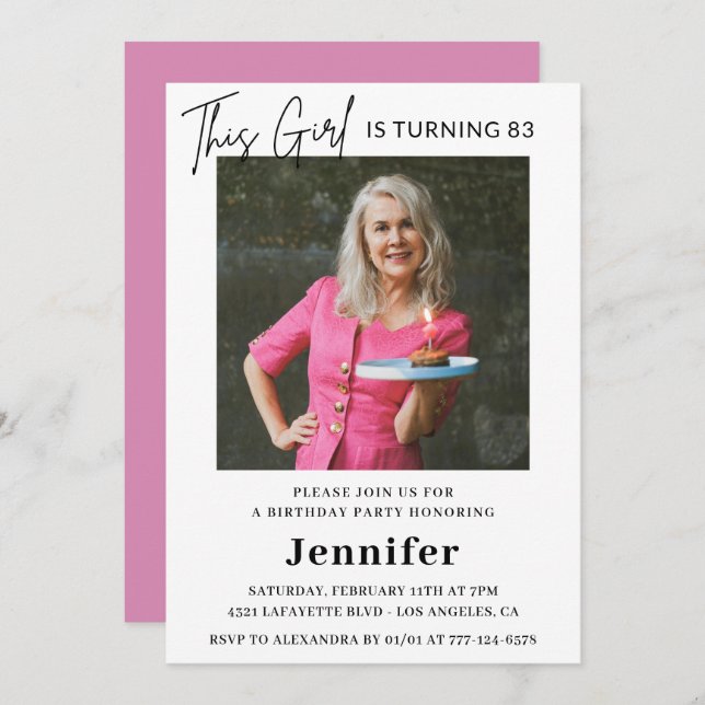 Elegant Roligt Rosa Foto 83 födelsedagar Inbjudningar (Fram/baksida)
