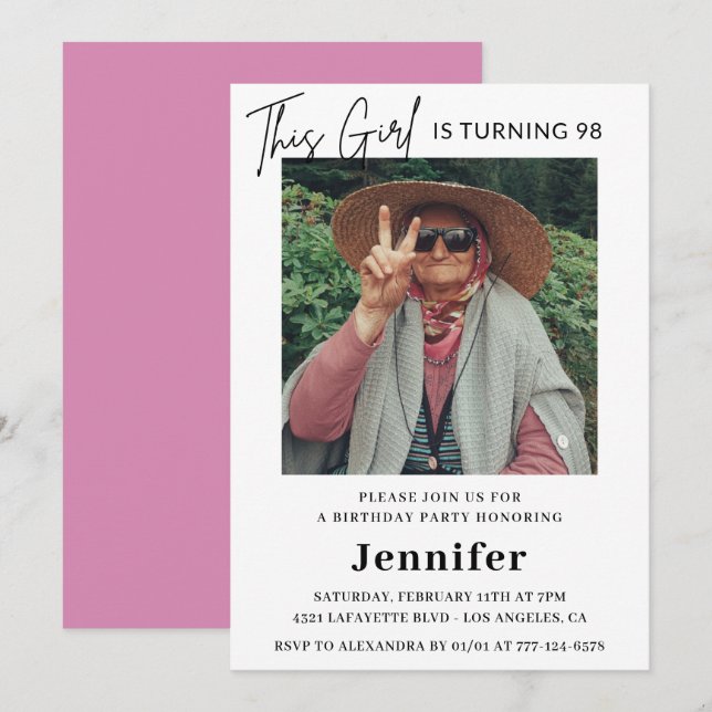 Elegant Roligt Rosa Foto 98:e födelsedag Inbjudningar (Fram/baksida)