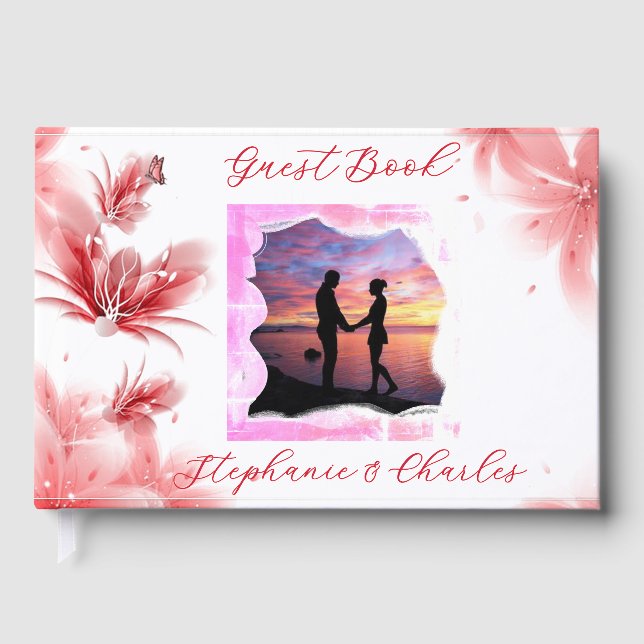 Elegant Romaniskt Rosa Butterfly Flower Blommigt P Gästböcker (Framsida)