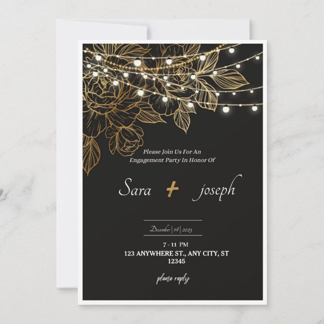 Elegant Romantic Black and Guld Wedding bjudande Inbjudningar (Framsida)