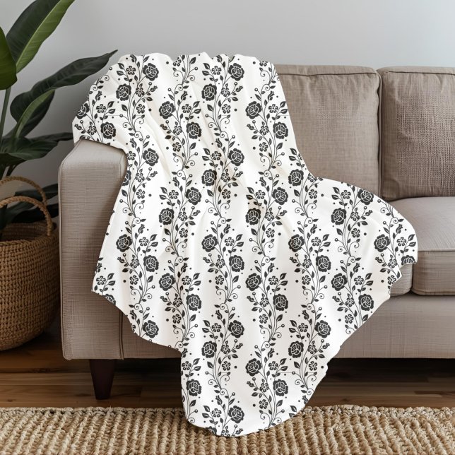 Elegant Romantic Black and White Blommönster Fleecefilt (Elegant Black And White Floral Pattern Fleece Blanket)