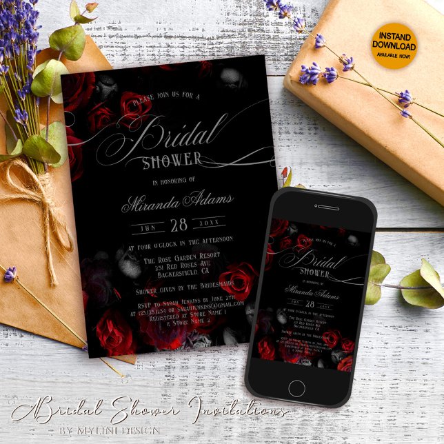 Elegant Romantic Black Red Blommigt Möhippa Inbjudningar (Skapare uppladdad)