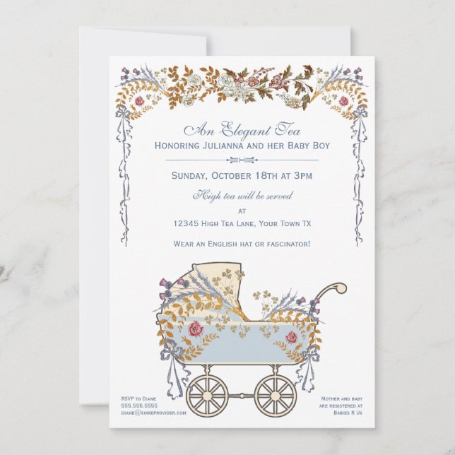 Elegant Romantic Blommigt Baby Buggy Shower Inbjudningar (Framsida)