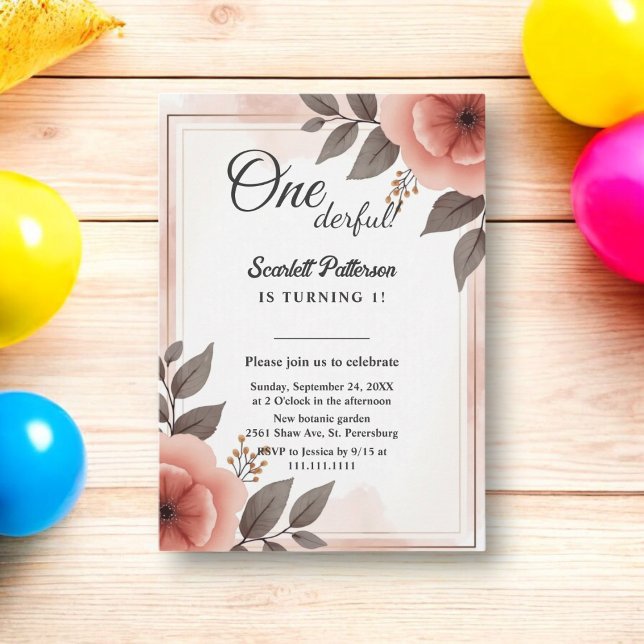 Elegant Romantic Blommigt Ram Rustic 1:a födelseda Inbjudningar (Skapare uppladdad)