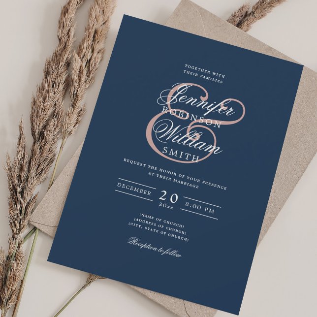 Elegant Romantic Bröllop Classic  + marinblå Inbjudningar (Elegant Romantic Wedding Classic Blush + Navy Blue Invitation)