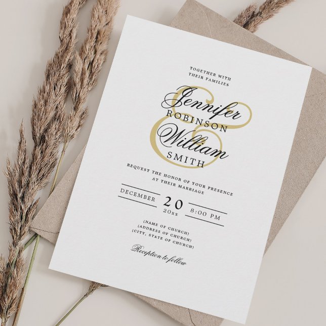 Elegant Romantic Bröllop Classic Script Guld Inbjudningar (Elegant Romanic Wedding Classic Script Gold Invitation)