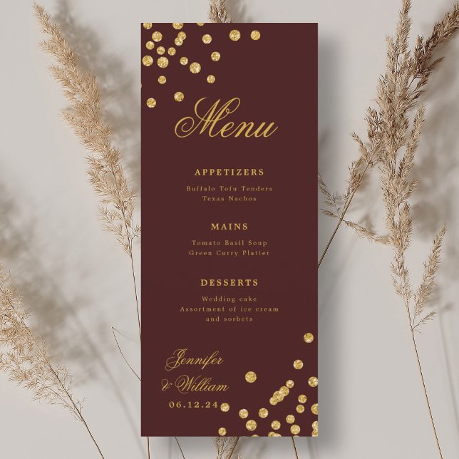 Elegant Romantic Bröllop Confetti Guld Burgundy Meny (Elegant Romantic Wedding Confetti Gold Burgundy Menu)