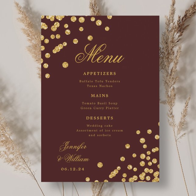Elegant Romantic Bröllop Confetti Guld Burgundy Meny (Elegant Romantic Wedding Confetti Gold Burgundy Menu)