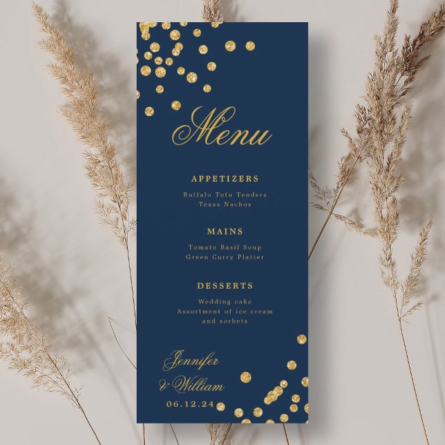 Elegant Romantic Bröllop Confetti Guld marin Blue Meny (Elegant Romantic Wedding Confetti Gold Navy Blue Menu)