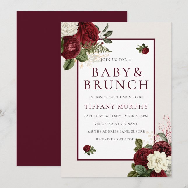 Elegant Romantic Burgundy Blommigt Baby Shower Inbjudningar (Fram/baksida)