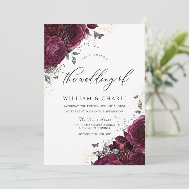 Elegant Romantic Burgundy Ro Bröllop Inbjudningar (Stående Fram)