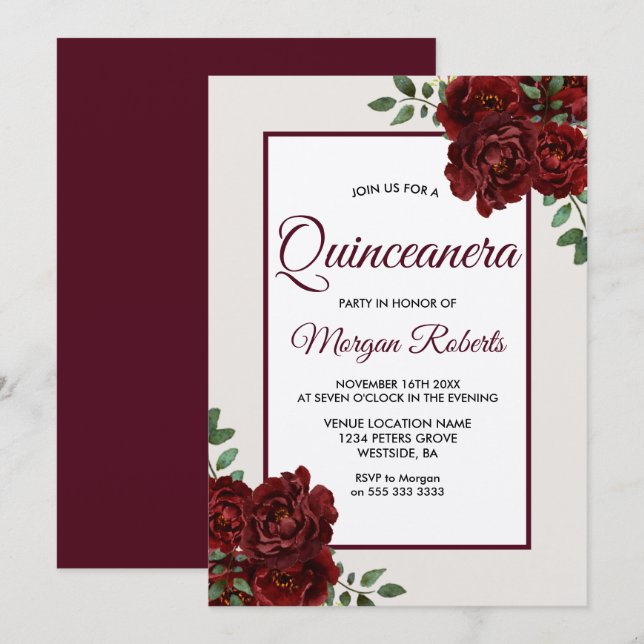 Elegant Romantic Burgundy Ro Quinceanera Inbjudningar (Fram/baksida)