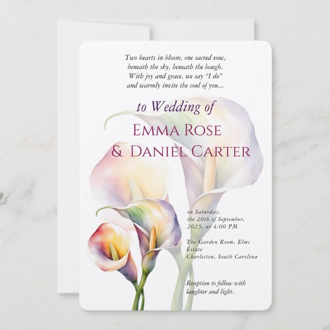 Elegant Romantic Calla Lily Watercolor Bröllop Inbjudningar (Framsida)