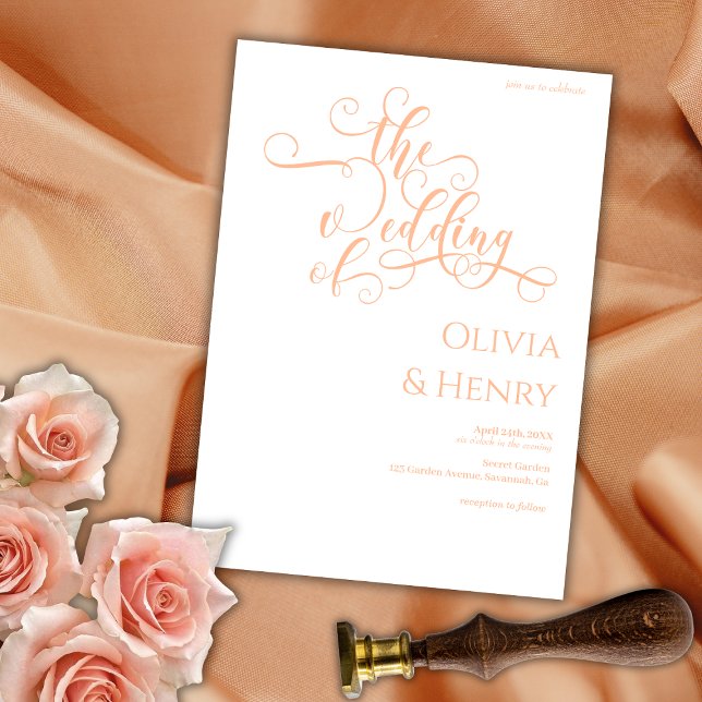 Elegant Romantic Calligraphy Peach & White Bröllop Inbjudningar (Skapare uppladdad)