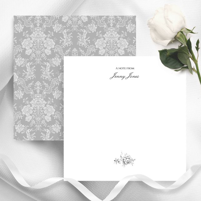 Elegant Romantic Chic Blommigt Damask-Grått Anteckningskort (Skapare uppladdad)