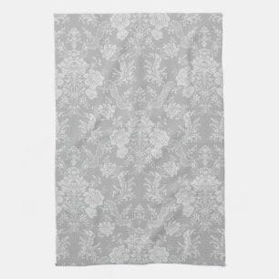 Elegant Romantic Chic Blommigt Damask-Grått Kökshandduk