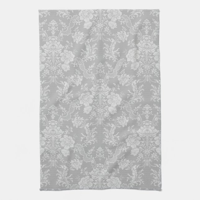 Elegant Romantic Chic Blommigt Damask-Grått Kökshandduk (Vertikal)