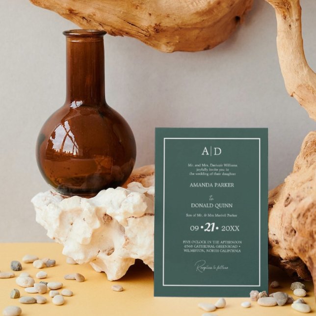 Elegant & Romantic Emerald grönt Monogram Bröllop Inbjudningar (Skapare uppladdad)