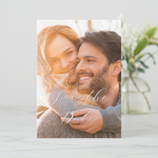 Elegant Romantic Färg Script 1 Photo Bröllop Spara Datumet (Stående Fram)