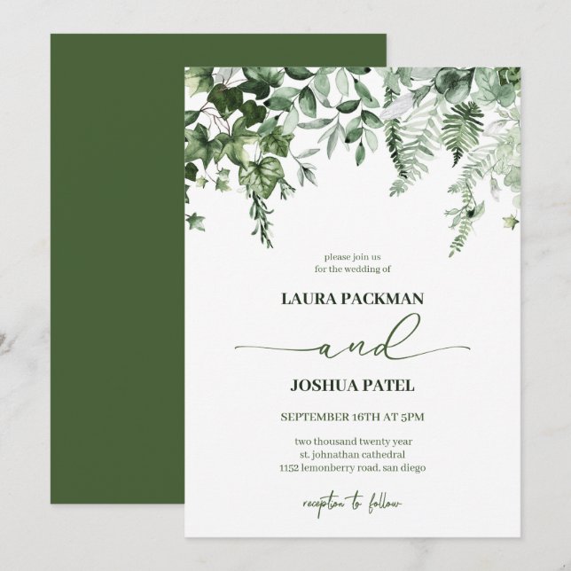 Elegant & Romantic Greenery Ivy och Sage Bröllop Inbjudningar (Fram/baksida)