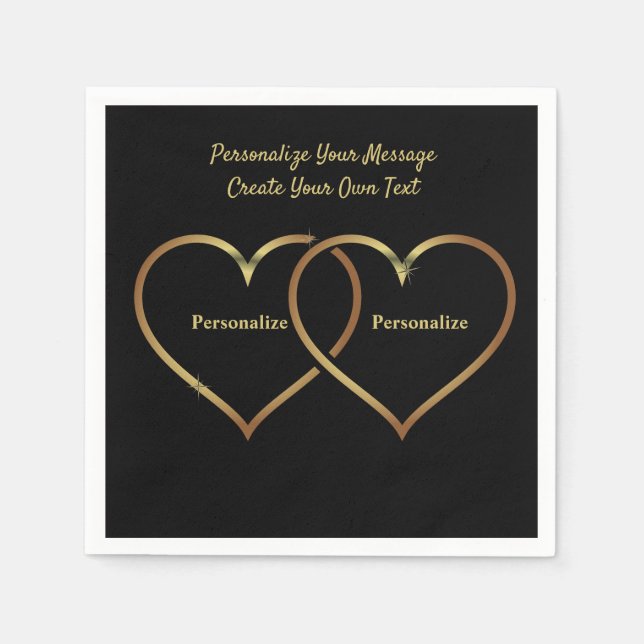 Elegant & Romantic Guld Hearts Black Personalize Pappersservett (Framsidan)