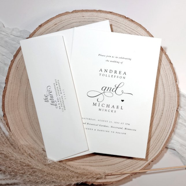 Elegant Romantic Heart Alla i ett Bröllop Bröllop Inbjudningar (Simple modern wedding invitation with heart and details with qr code on the back)