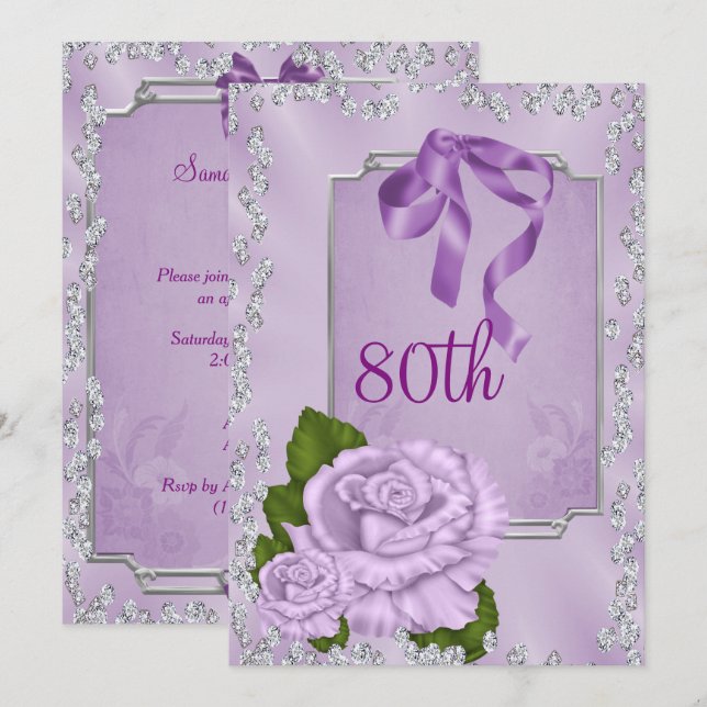 Elegant Romantic Lilac Rosor & Bows 80:e Inbjudningar (Fram/baksida)
