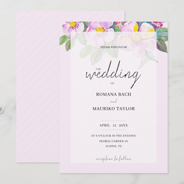 Elegant Romantic Peach Flowers Watercolor Art Inbjudningar (Fram/baksida)