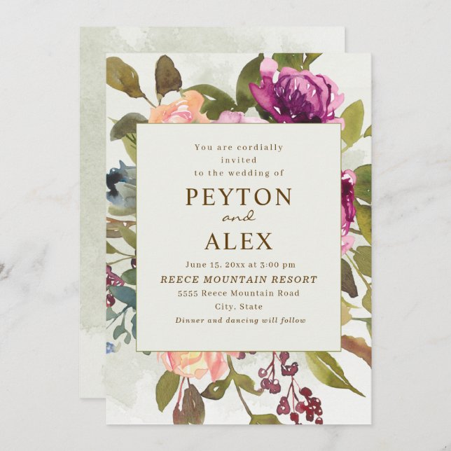 Elegant Romantic Plum Peach Sage Grönt Bröllop Inbjudningar (Fram/baksida)