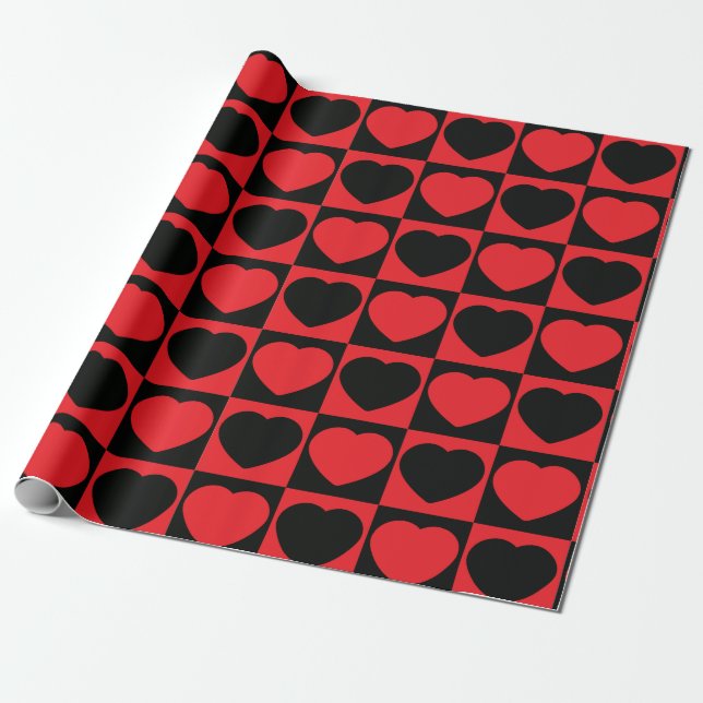 Elegant Romantic Red Black Hearts Checker Mönster Presentpapper (Utrullad)