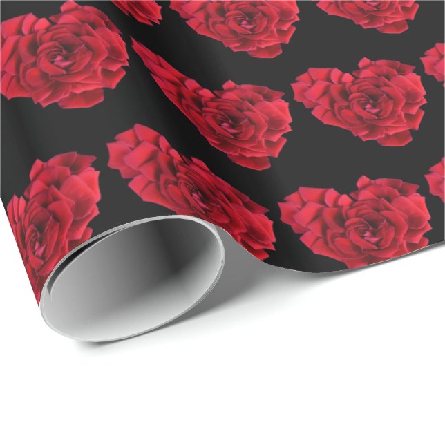 Elegant Romantic Röd ros Heart Mönster Black Presentpapper (Rullad Hörn)