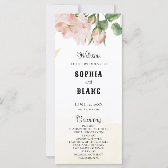 Elegant Romantic Rosa ros Gult Bröllopsprogram (Framsida)