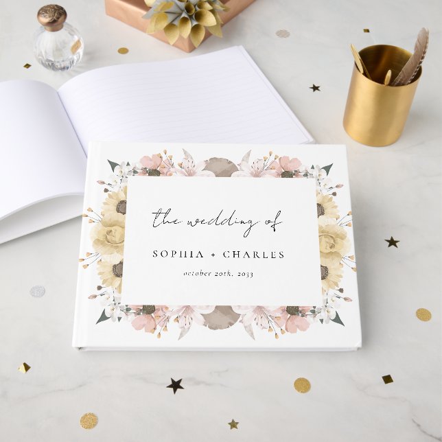 Elegant Romantic Rustic Blommigt Neutralt Bröllop Gästböcker (Framsida Öppen)