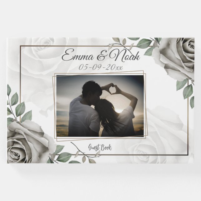 Elegant Romantic Rustic vit ros Bröllop Photo Gästböcker (Framsida)