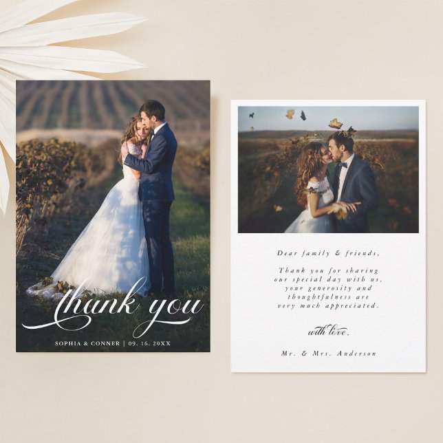 Elegant Romantic Script Bröllop 2-foto Tack Kort (Front & Back)