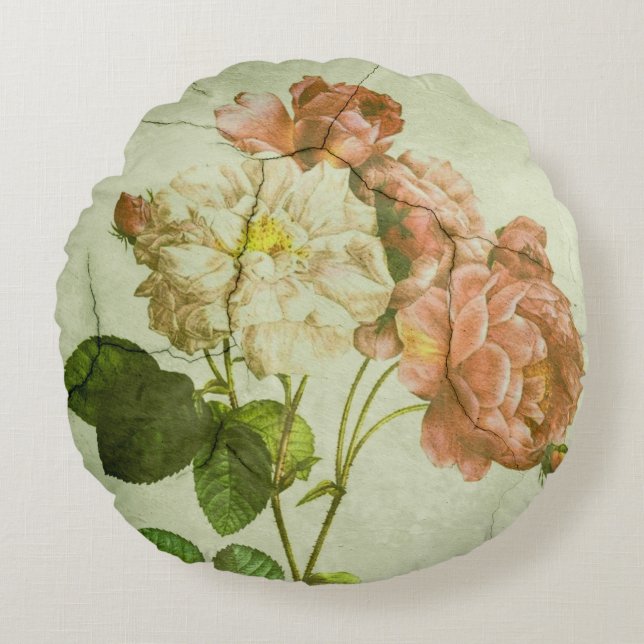 Elegant Romantic Shabby chic Cream & Rosa Peonies Rund Kudde (Framsidan)