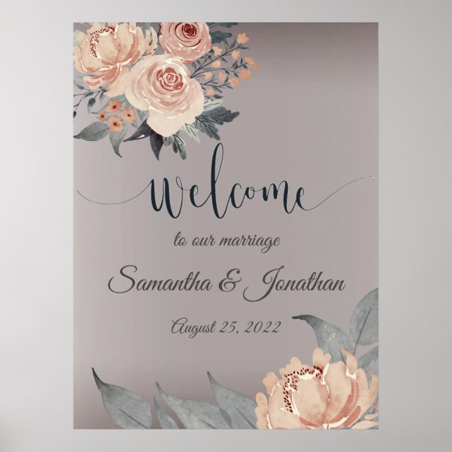 Elegant Romantic Silver Rosa Blommigt Bröllop Poster (Framsidan)