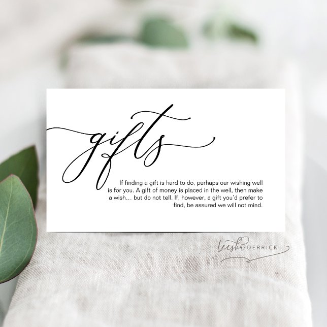 Elegant Romantic, svart skript, en anteckning om g Tilläggskort (A note on gifts Enclosure Card, Elegant Romantic, Black script, gift of money, honeymoon wish)