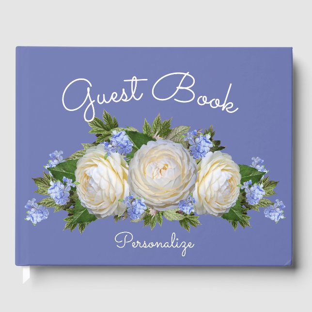 Elegant Romantic Vit ros på blå Personlig Gästböcker (Framsida)