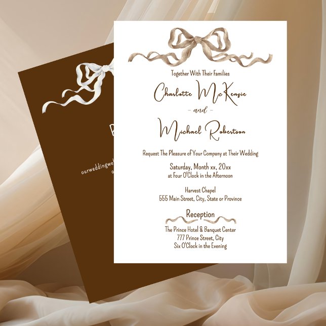Elegant Romantisk Band Bröllop Inbjudningar (Elegant Warm Brown with Bows Wedding Invitation)