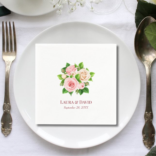Elegant Romantisk Blush Rosa Ros Bröllop Pappersservett (Chic elegant blush pink rose napkins add romantic charm to wedding tables.)