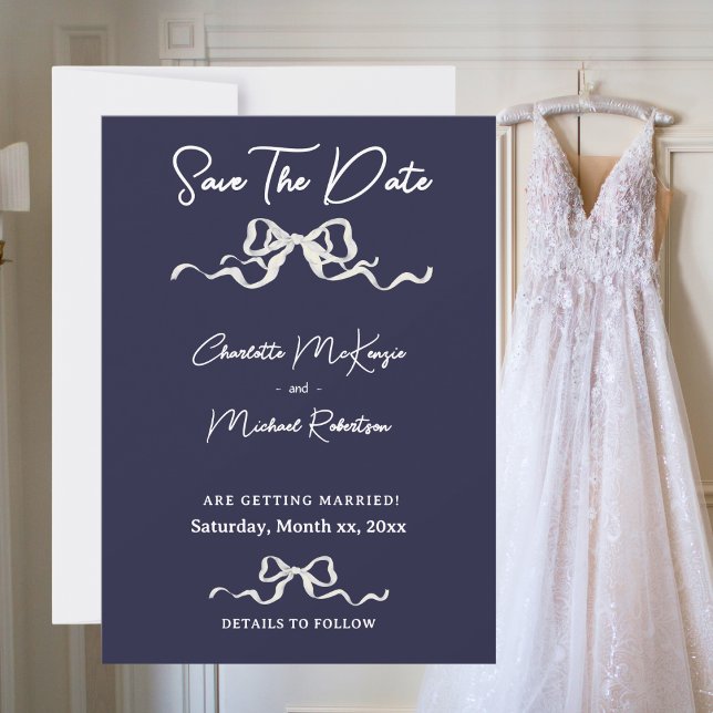 Elegant Romantisk Bröllop Marinblå & Vita Band & S Spara Datumet (Elegant Romantic Wedding Navy & White Ribbon & Bow Save The Date)