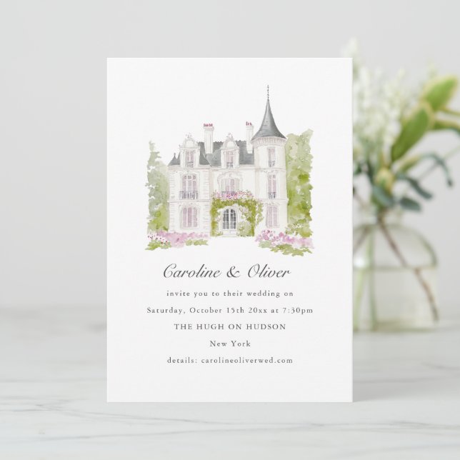 Elegant Romantisk Chateau Watercolor Bröllop Inbjudningar (Stående Fram)