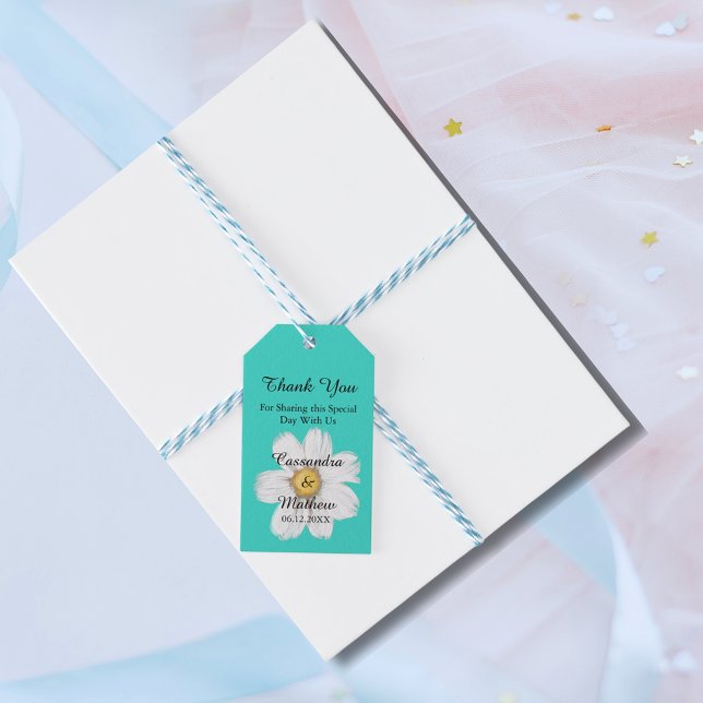 Elegant Romantisk Daisy Turquise Tack Bröllop Presentetikett (Elegant Romantic Daisy Turquoise Thank You Wedding Gift Tags)